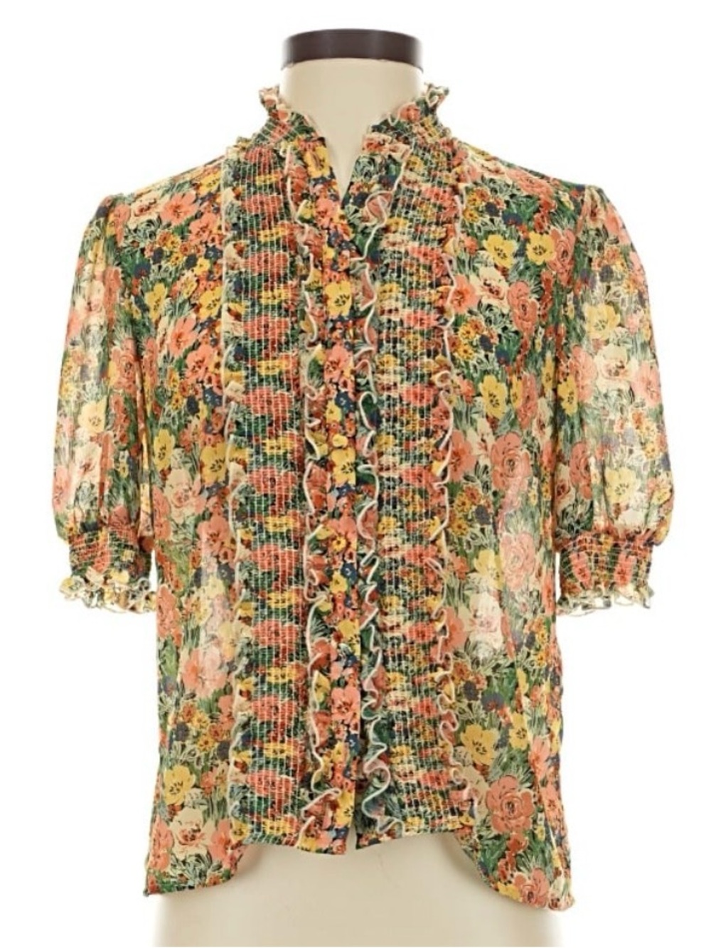 Sezane Peach, Yellow and Green Floral Ruffle Blouse